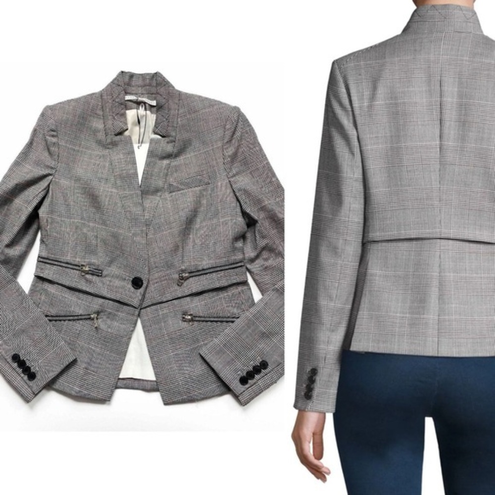 Veronica Beard Paloma Zip Wool Gray Dickey Glen Check Long Sleeve Jacket S (6)